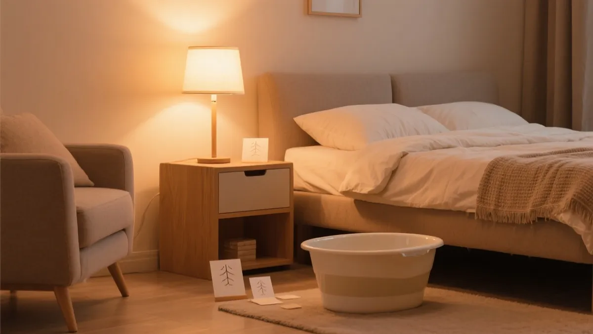 赛后快速入睡的放松流程示意：泡脚、关灯、呼吸练习